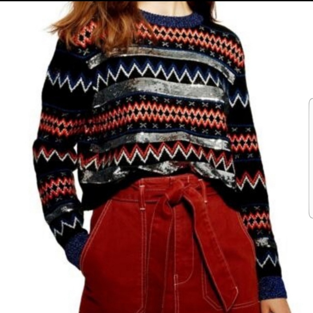 Topshop Sequin Striped Fair Isle Cropped Sweater